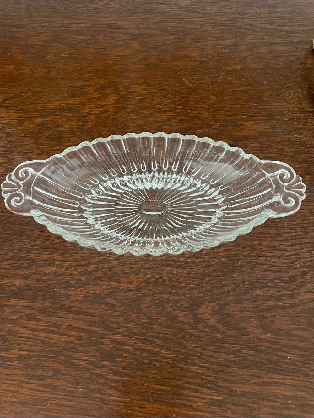 Depression era ribbed Glass Serving Dish with Decorative Handles